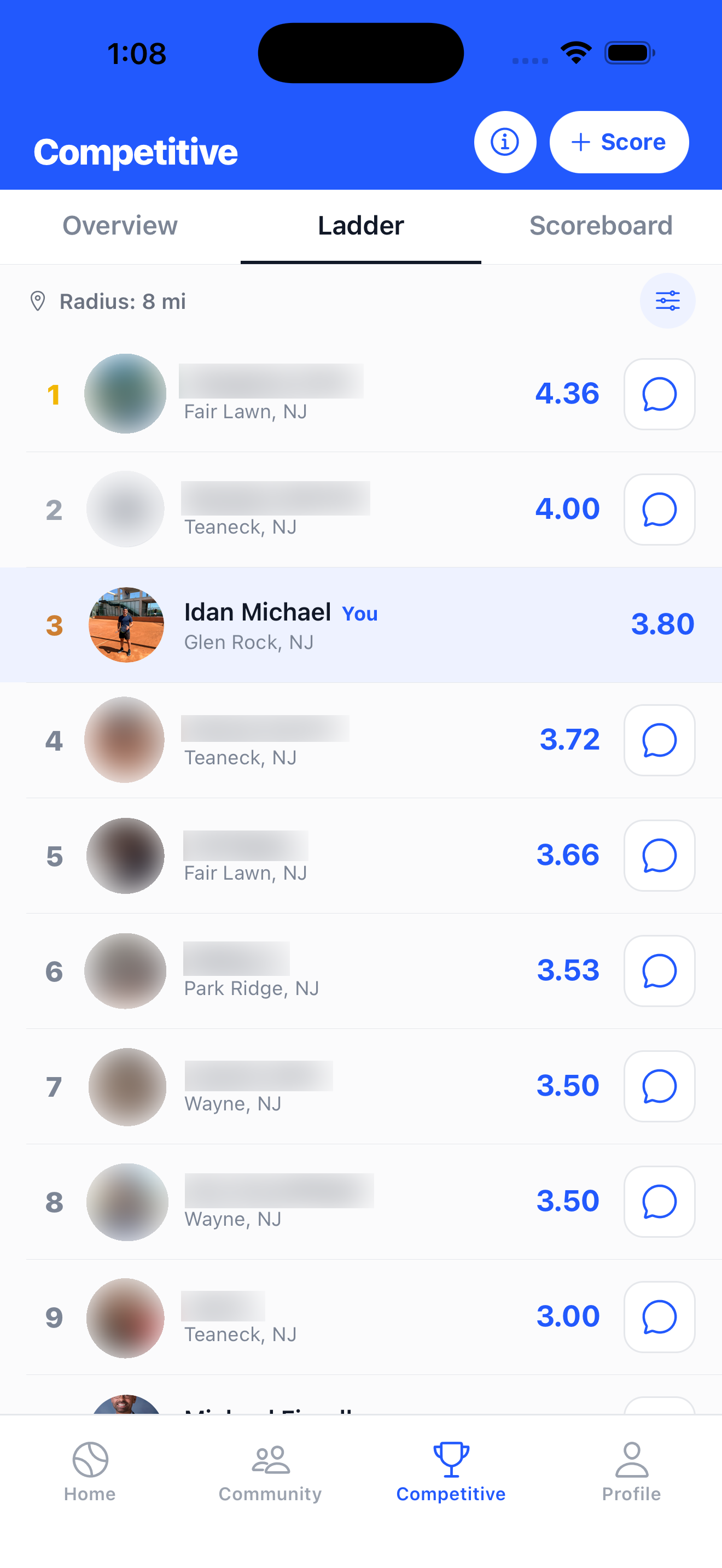 The Match Point competitive ladder, ranking nearby players by rating